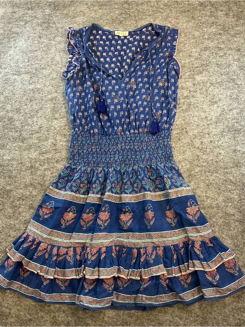 M.A.B.E Delfi Sunflower Blue Floral Tiered Smocked Waist Dress Size M - Picture 2 of 5